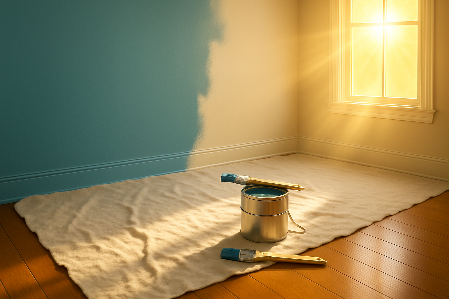 make the drop cloth longer by starting it in the corner and making it extend out of view. Remove the four brushes on the floor. leave just the one on top of the paint can.