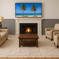 move the couch , chairs, end table with light and table closer to the viewer so you can see the wall better in background. Show the drop cloth covering the floor fully. OON the TV put a island scene
