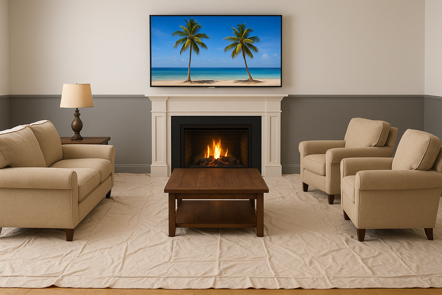 move the couch , chairs, end table with light and table closer to the viewer so you can see the wall better in background. Show the drop cloth covering the floor fully. OON the TV put a island scene